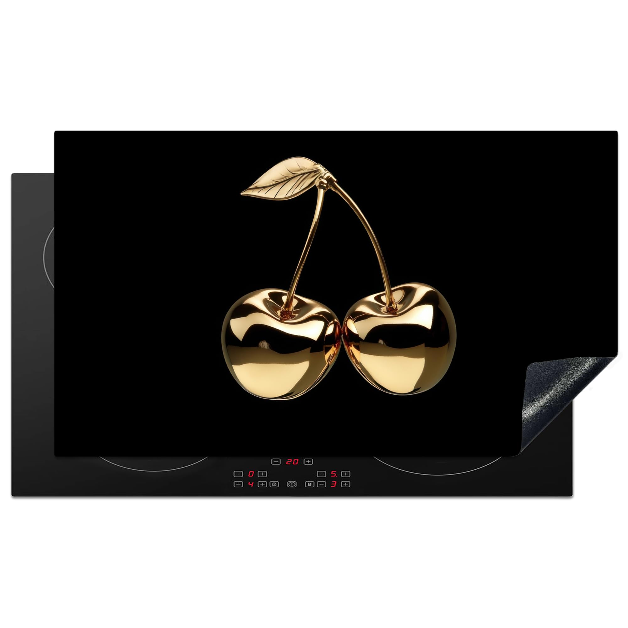 KitchenYeah© Induction Hob Cover Protector Mat 20.3"x35.3" / 89.6x51.6 cm Kitchen Universal Ceramic Covers for Electric Cookers Vinyl Cherries - Black - Gold - Chrome