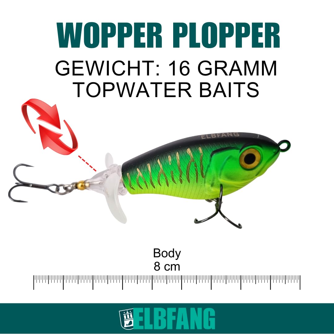 Topwater Señuelos de pesca | 8 cm – 16 gramos | 5 unidades con caja de cebo | Juego de cebos artificiales para pesca de lucio y bagre