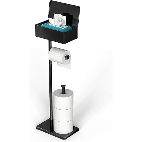 CISILY Black Toilet Paper Holder Stand with Storage Shelf, Free Standing Toilet Paper Roll Holders, Bathroom Toliet Tissue Holder Accessories Essentials