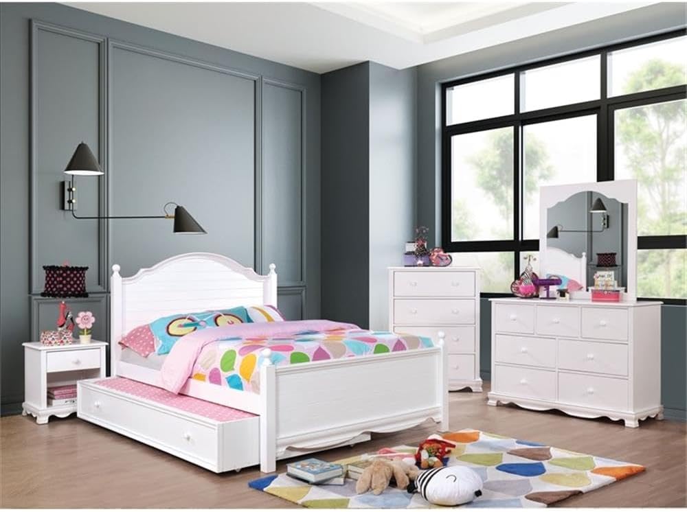 BOWERY HILL Transitional Solid Wood Trundle, White Finish, MDF/Wood Veneer, 75 in x 41 in x 11 in, Spacious Slide-Out Drawer with Knobs, Fits Under Twin Bed, Kids Bedroom Storage Solution