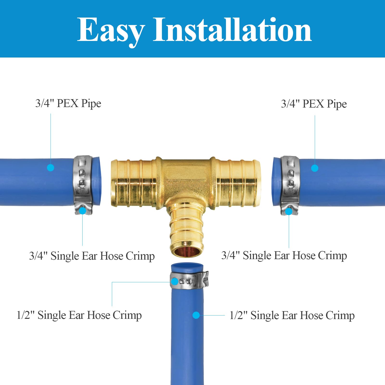 WiseWater Accesorios PEX de 3/4 pulgadas x 3/4 pulgadas x 1/2 pulgadas, montaje de engarzado de púas de latón para tubería PEX (paquete de 28)