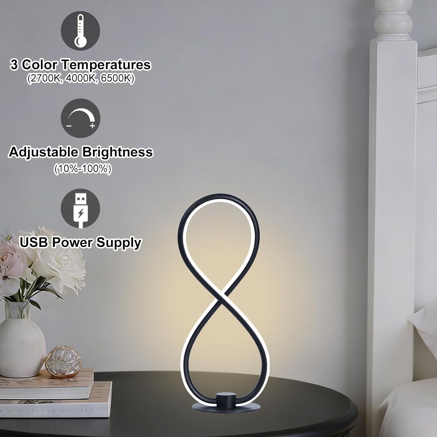 Modern Nightstand Lamps,Touch 3CCT Stepless Dimmable Desk Lamp with USB Adapter,12.2 Inch Black Desk Lamp for Bedroom,Dorm,Living Room,Office (2 Pack)