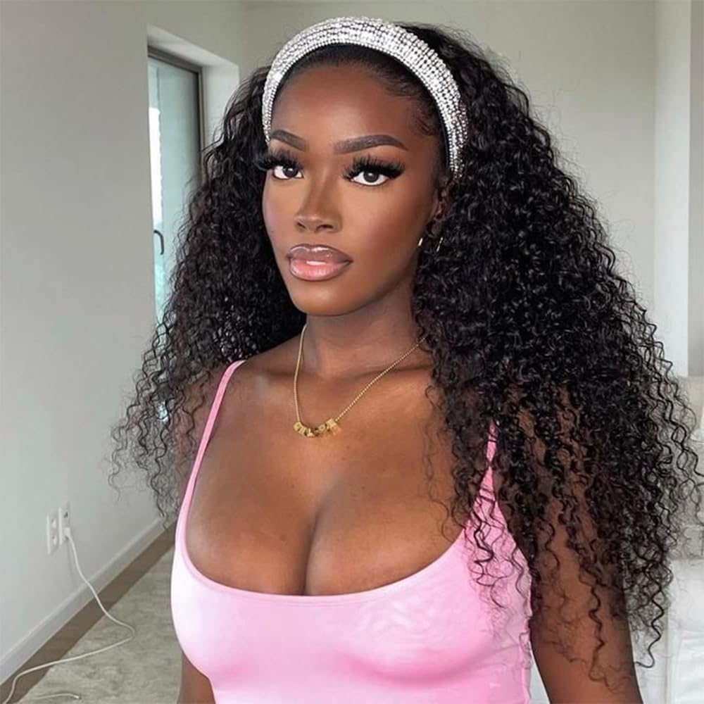 Pinketer Kinky Curly Human Hair Headband Wig Non Lace Front Wigs for Black Women 150% Density Brazilian Virgin Human Hair Machine Made Wig Natural