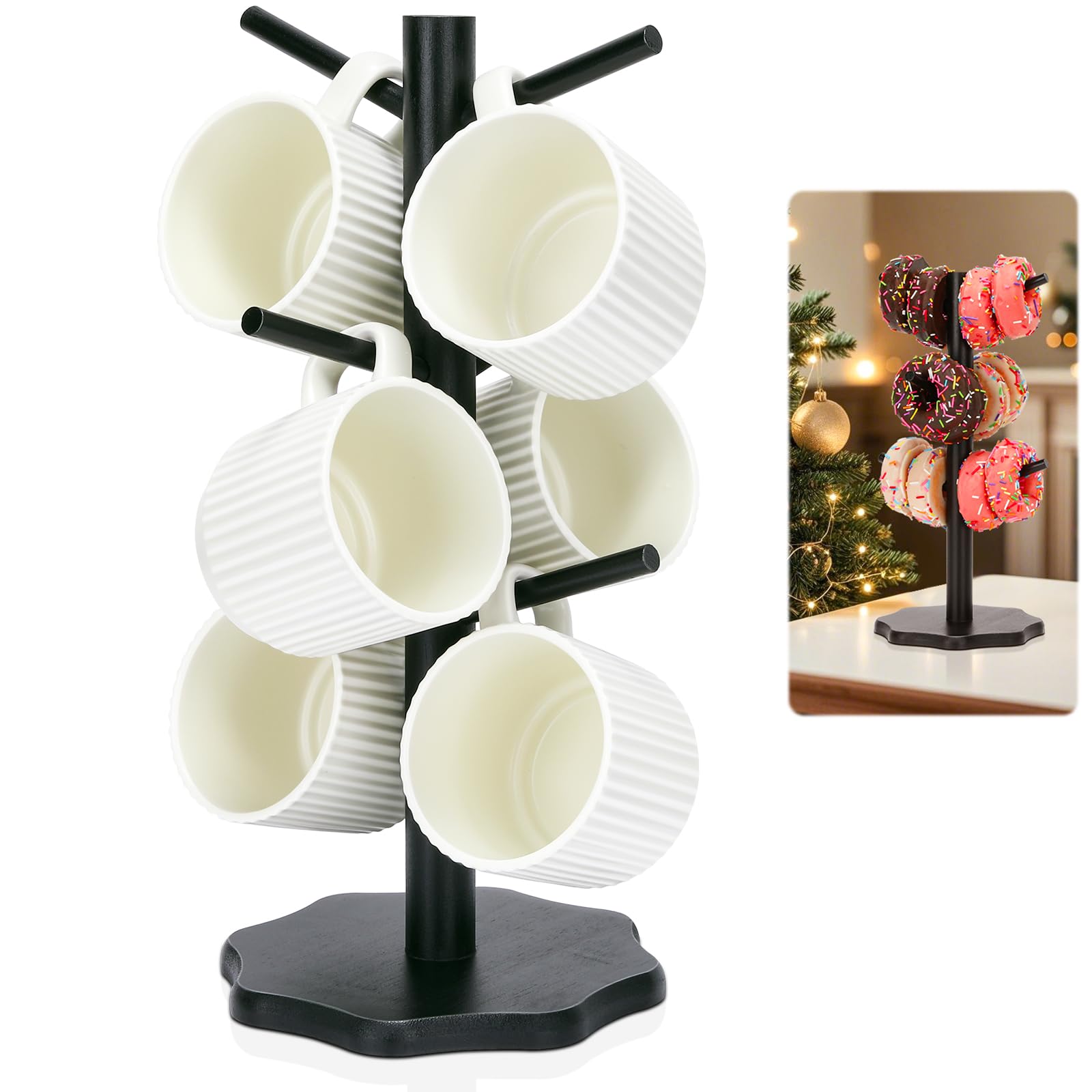 Euqvunn Mug Tree 6 Mugs, Wooden Cup Holder Black Mug Stand with Thickened Base, Kitchen Countertop Mug Tree Coffee Cup Holder Storage Rack with 6 Hooks