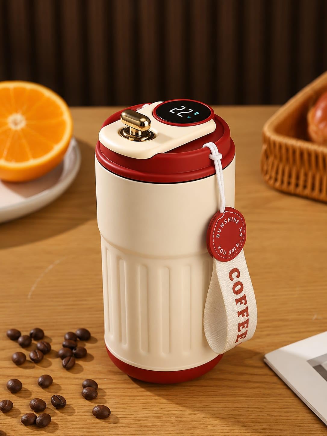 Insulated Coffee Tumbler with LED Temperature Display, Cream | Stainless Steel Vacuum, Wrist Strap Included, Push-Button Lid, Travel Friendly, Hot & Cold Retention-image-12