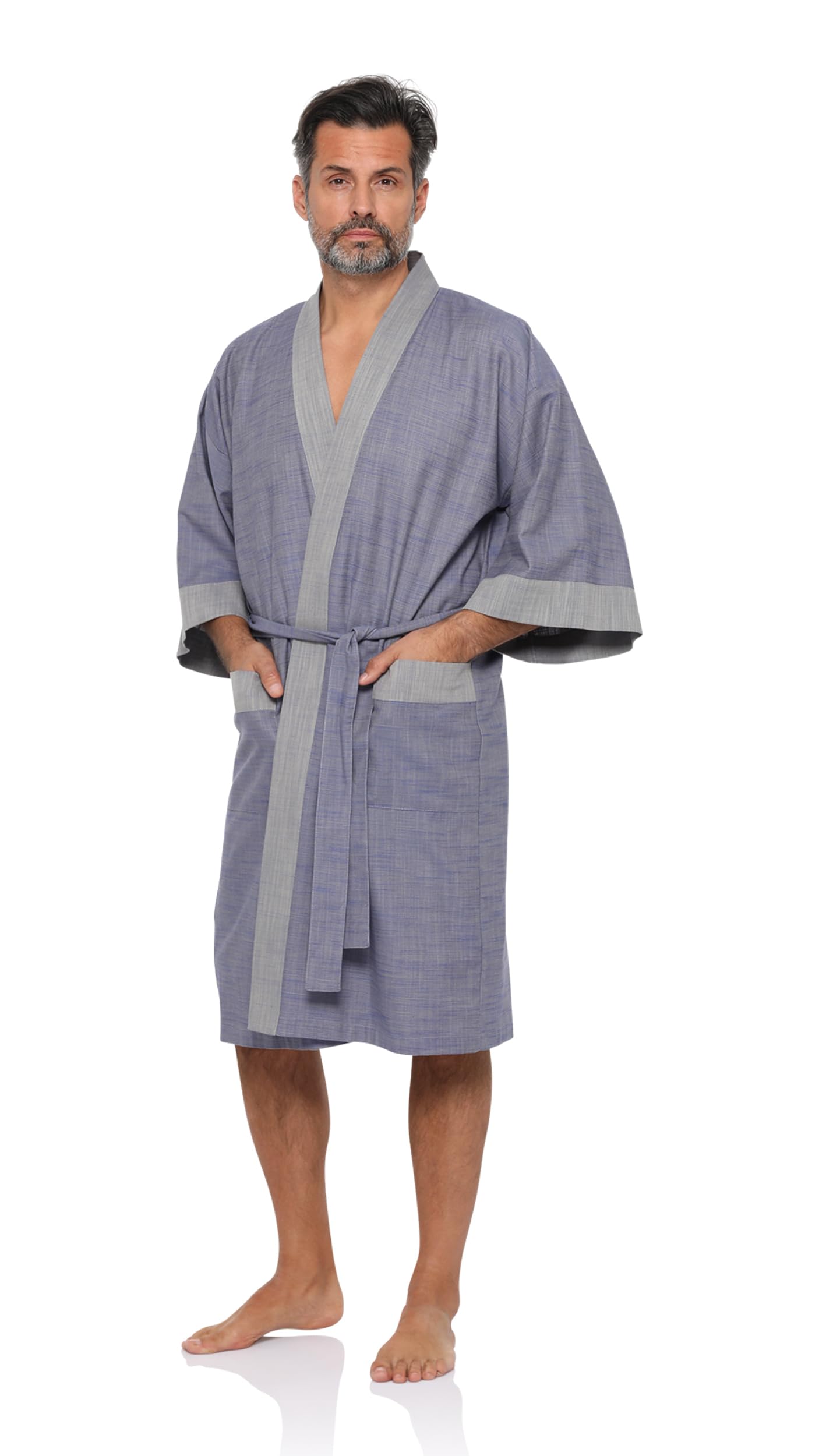 R Revise RE-516 Men's Kimono - Dressing Gown - 100% Cotton - Premium Quality, blue, M-L