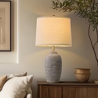 USumkky 24.5" Handcrafted Farmhouse Ceramic Table Lamp - Vintage Rustic Bedside Lamp with Linen Shade for Bedroom Living Room Nightstand