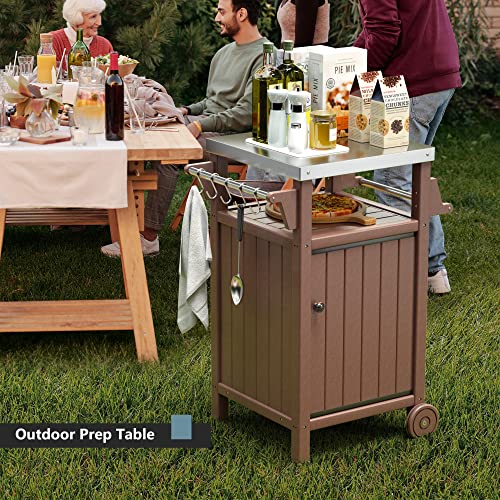 Korvos Movable Portable Outdoor Table, Stainless Steel Patio Kitchen Island, Storage Cabinet With Wheels And Side Shelf, Inclouding Four Accessory Hooks For Outdoors(Brown Color) #TOP4