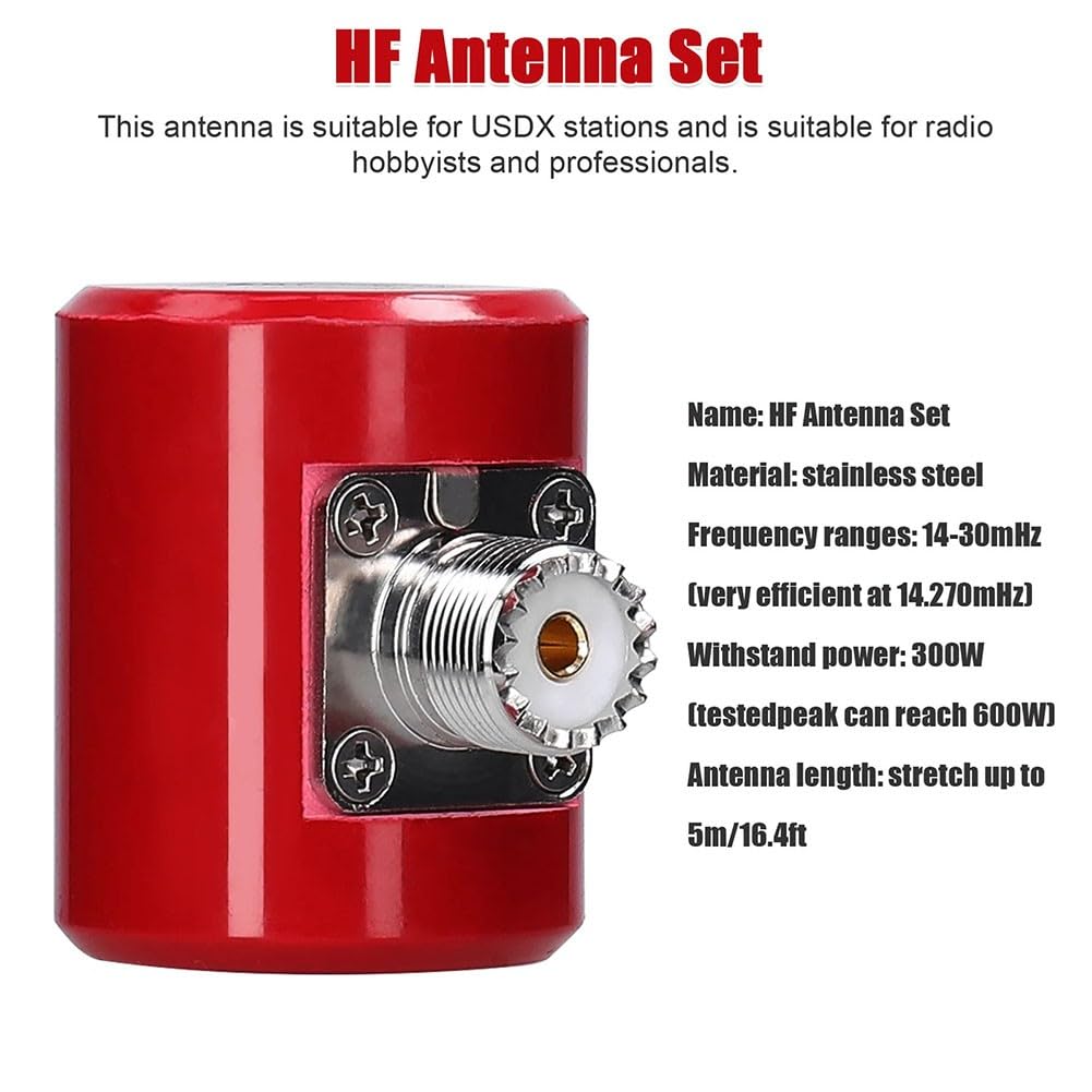 Antenna HF ad alta frequenza (14-30 MHz, testata 300 W, picco 600 W), radiatore telescopico in acciaio inox a lunghezza d'onda 1/4 per radio USDX e QRP, lunghezza estensibile 5 m