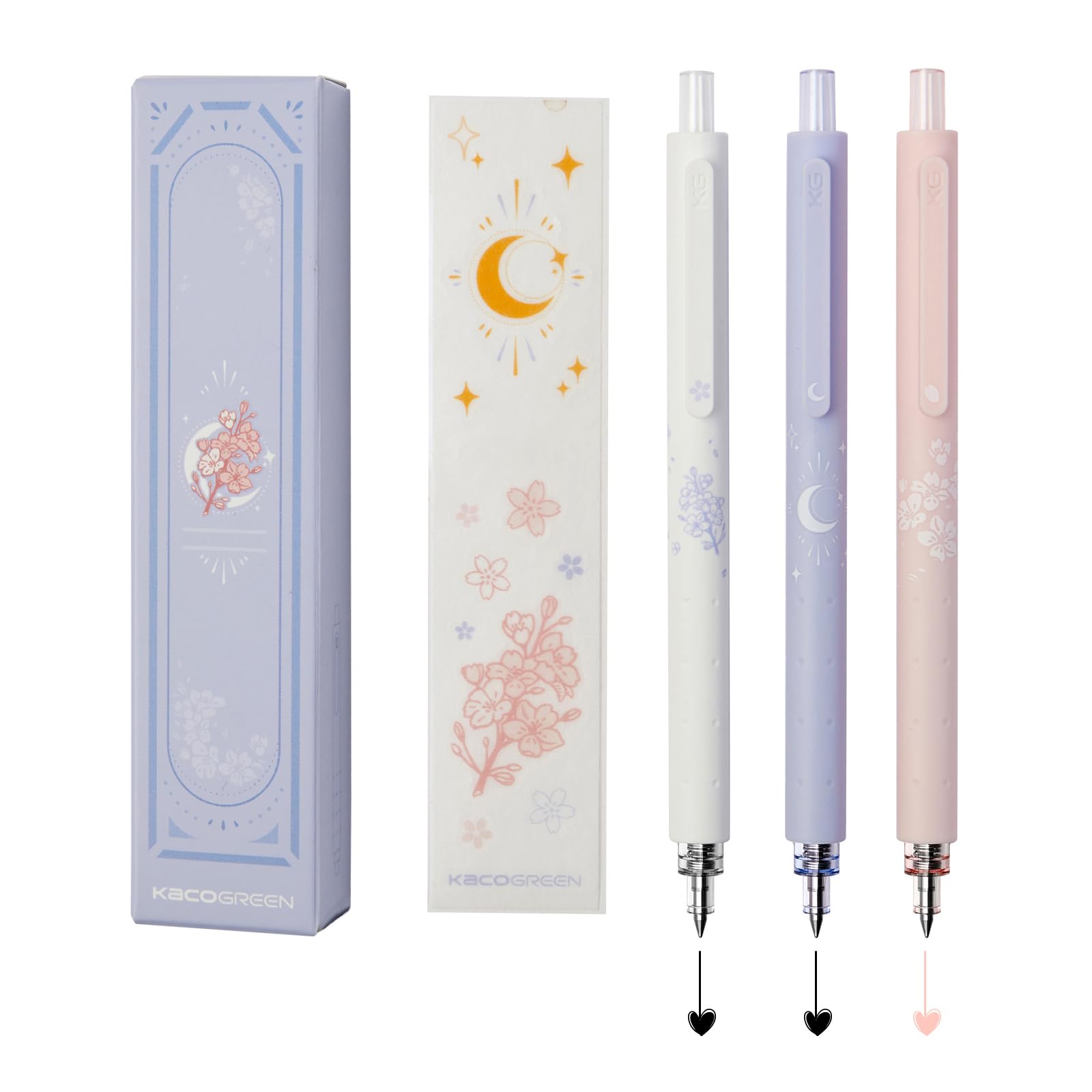 Kaco Gel Pens Cute Stationery 3 Pieces 0.5mm Fine Point, Quick Drying Pens for Journaling Aesthetic Office Supplies, 2 Black Ink and 1 Coral Ink