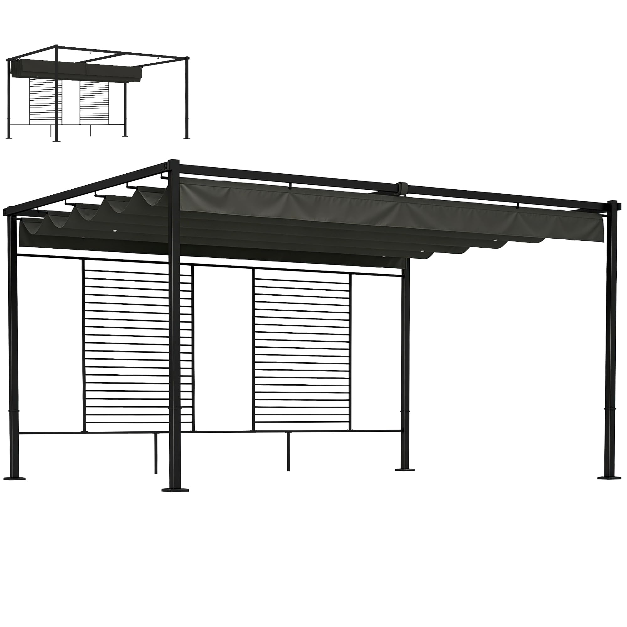 Outsunny Pérgola de Jardín 4x3 m con Techo Retráctil y 2 Paneles de Privacidad Fijos, Cenador de Jardín con Protección UPF50+, Drenaje, Estructura Metálica, Pabellón para Exterior, Gris Oscuro