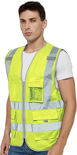 Miniatura 9 de TopTie Chaleco de seguridad frontal con cremallera de alta visibilidad clase 2 con 9 bolsillos y tiras reflectantes, cumple con las normas ANSIISEA,
