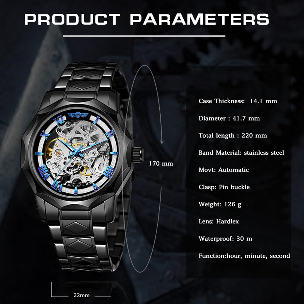 Tiong Relojes automáticos de moda, reloj de pulsera mecánico dorado para hombre, relojes de esqueleto con esfera transparente de acero inoxidable, TW1239-negro, Mecánico
