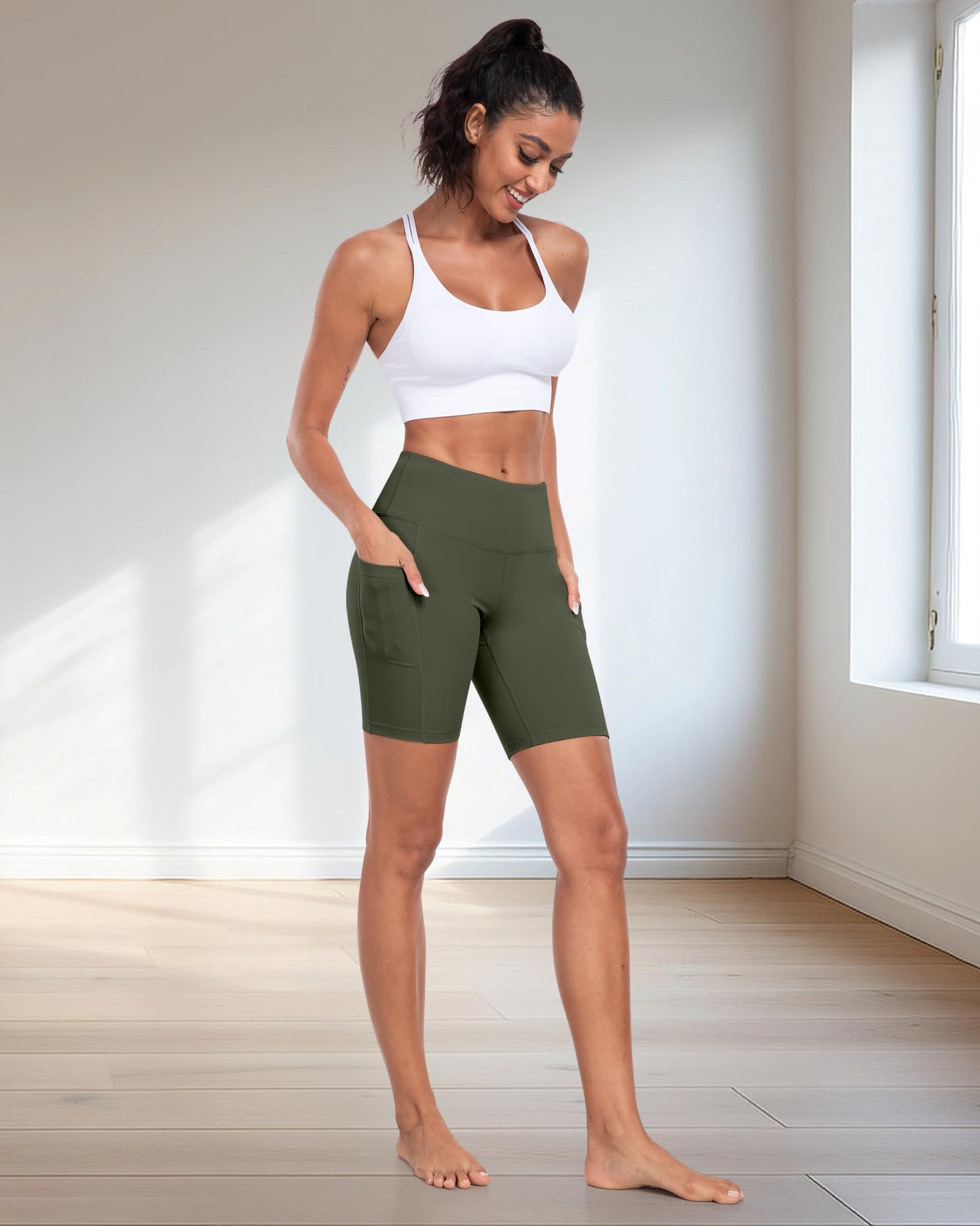 Pantalones cortos de ciclista para mujer con bolsillos, cintura alta de 8 pulgadas, control de abdomen, suaves, atléticos, entrenamiento, gimnasio, yoga — view 3