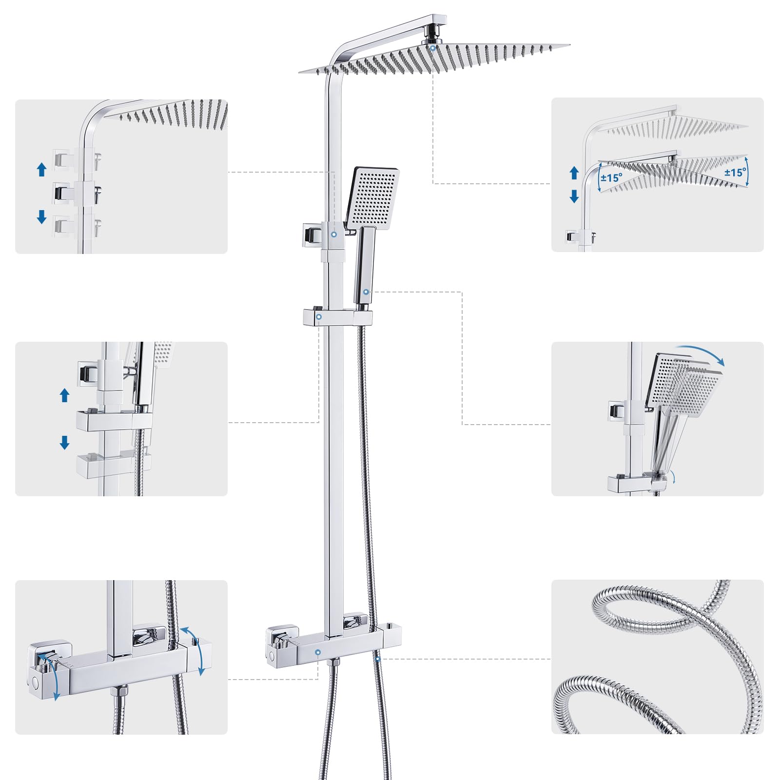 Auralum Colonna Doccia con Miscelatore Termostatico, Miscelatore Doccia Esterno Ottone, Colonna Doccia con 30x30cm Soffione Doccia e Doccetta, Asta Saliscendi Doccia Altezza Regolabile 80-124cm, Cromo