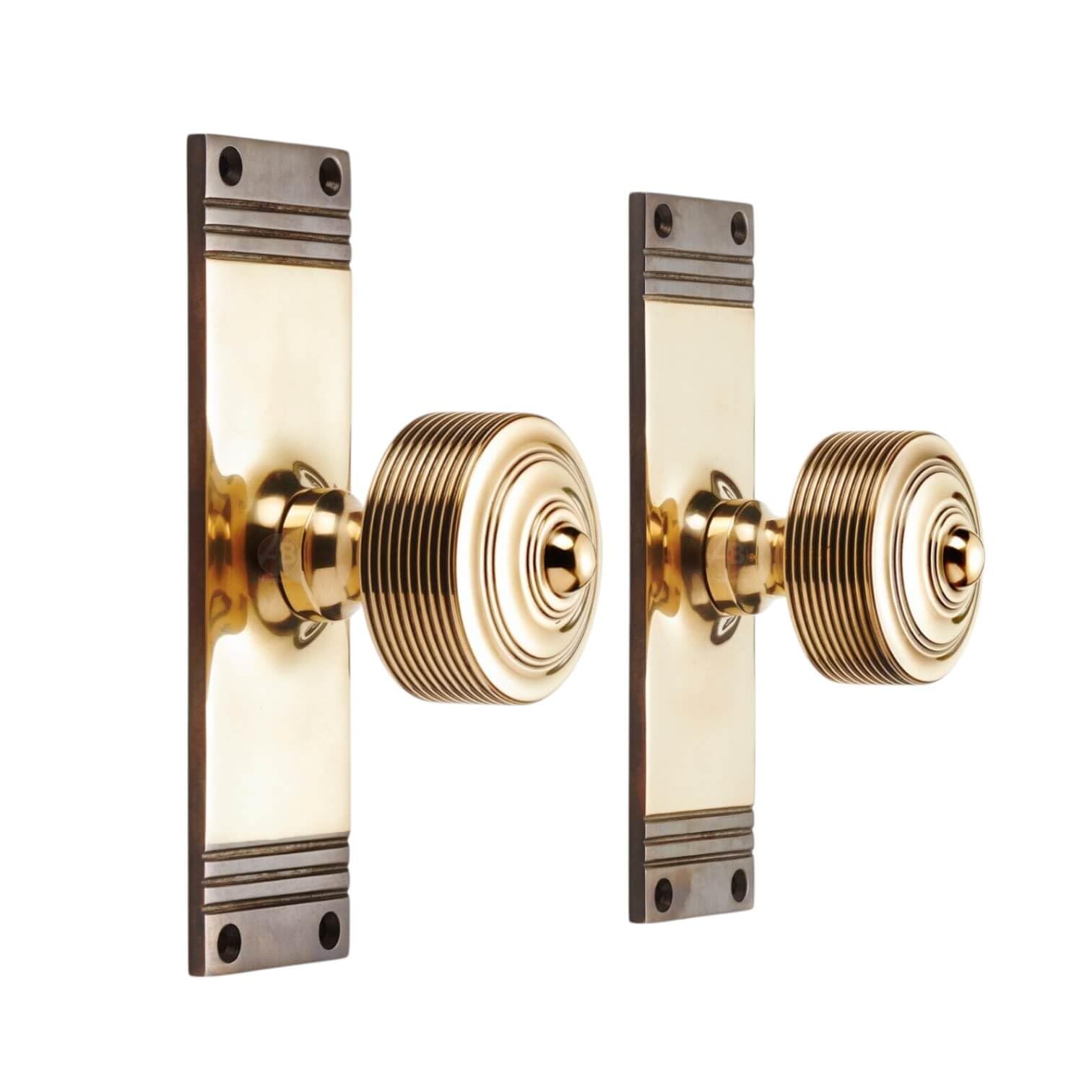 Ab Hardware Aged Brass Reeded Door Knobs On Backplate Solid Unsprung Victorian Pair