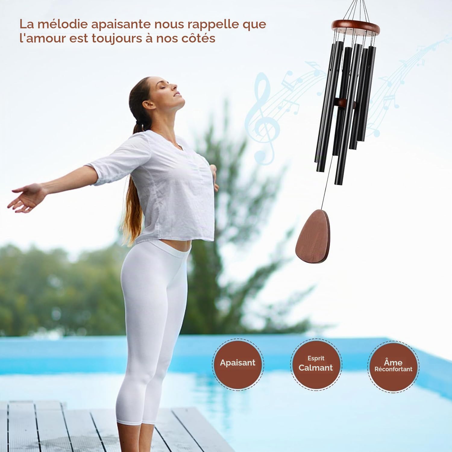 Carillon à vent en aluminium de 65 cm - 6 tubes en métal - Carillon sonore pour extérieur, jardin, terrasse - Décoration avec attrape-vent - Noir classique