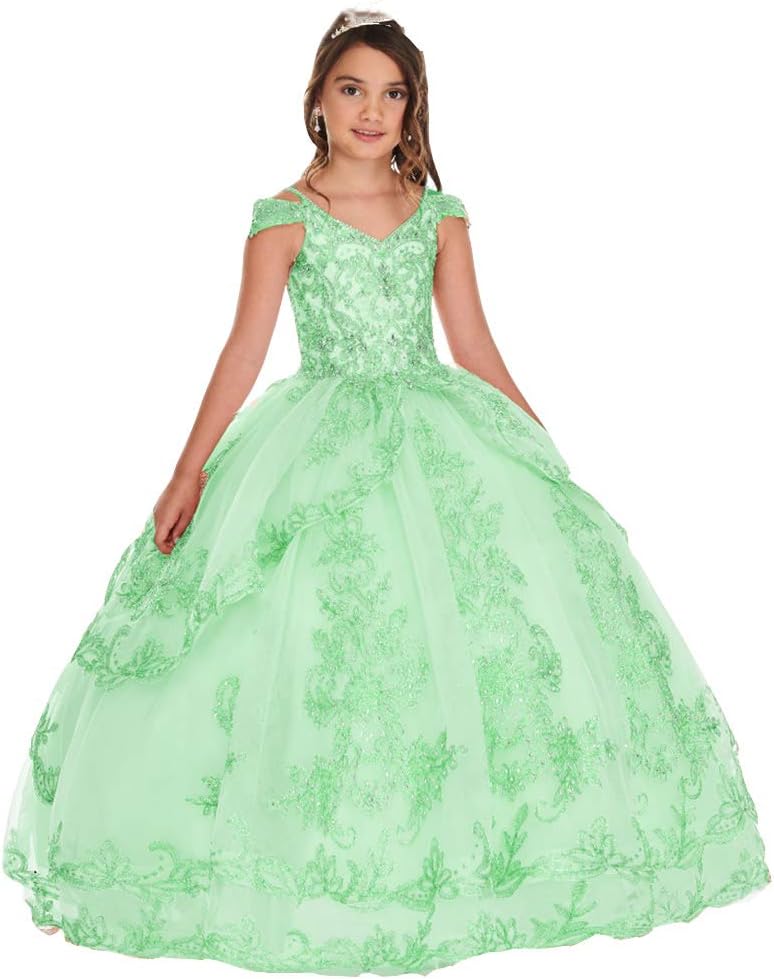 Flower Girl's Lace Applique Pageant Party Dress Floor Length Tulle Ball Gowns for Kids