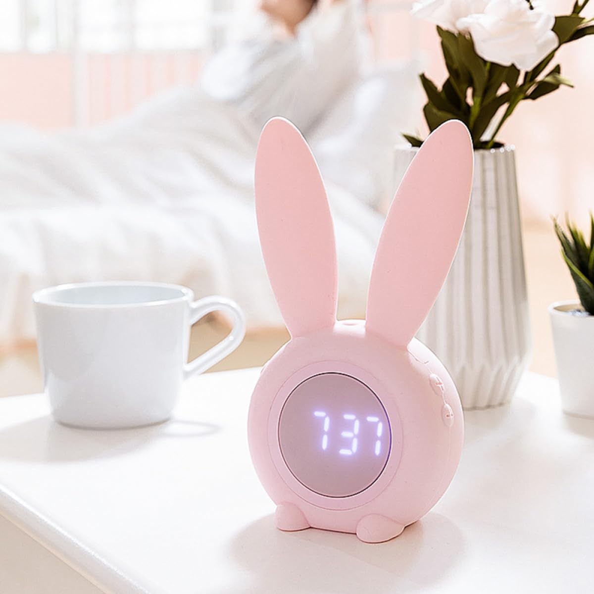 Mini Réveil Lapin LED, USB Rechargeable, Alarme Précise, Chambre, Rose