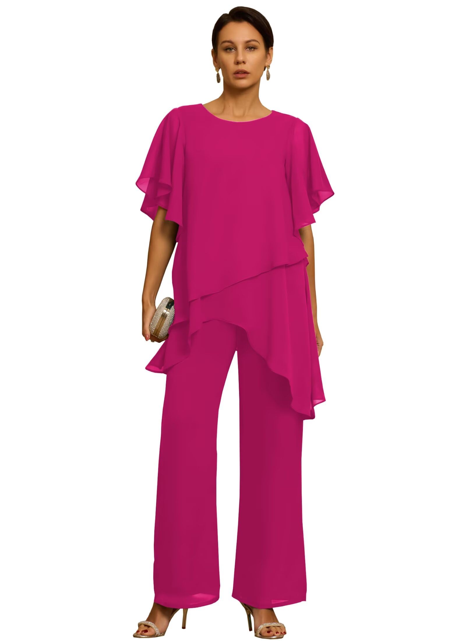 2 Pieces Mother of The Bride Pantsuits Chiffon Short Sleeve Mother of The Groom Pant Suits