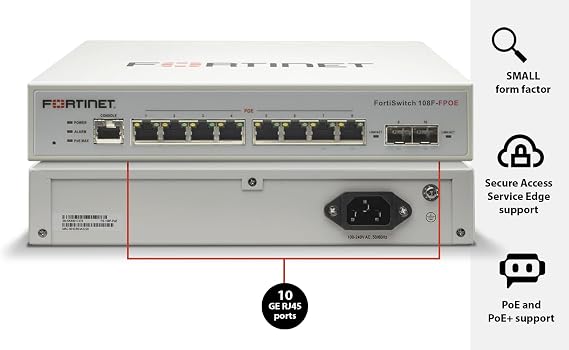 Fortinet FortiSwitch 108F-FPOE Layer 2 Switch. Managed. 8XGE Port, 2X SFP Port, 1X RJ45 Port. Fanless Design