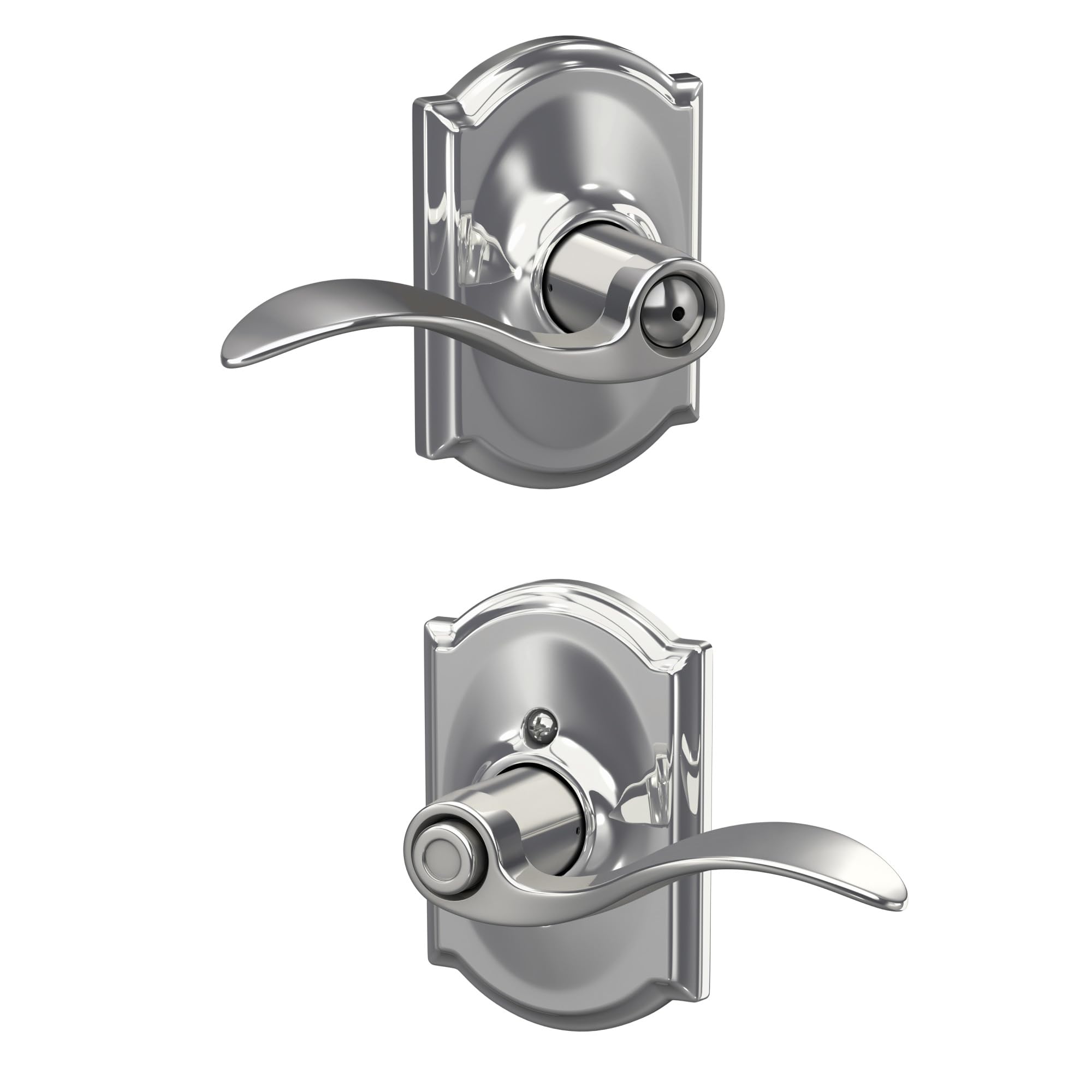 Schlage Accent Lever with Camelot Trim Bed and Bath Lock in Bright Chrome Bright Chrome Privacy Camelot