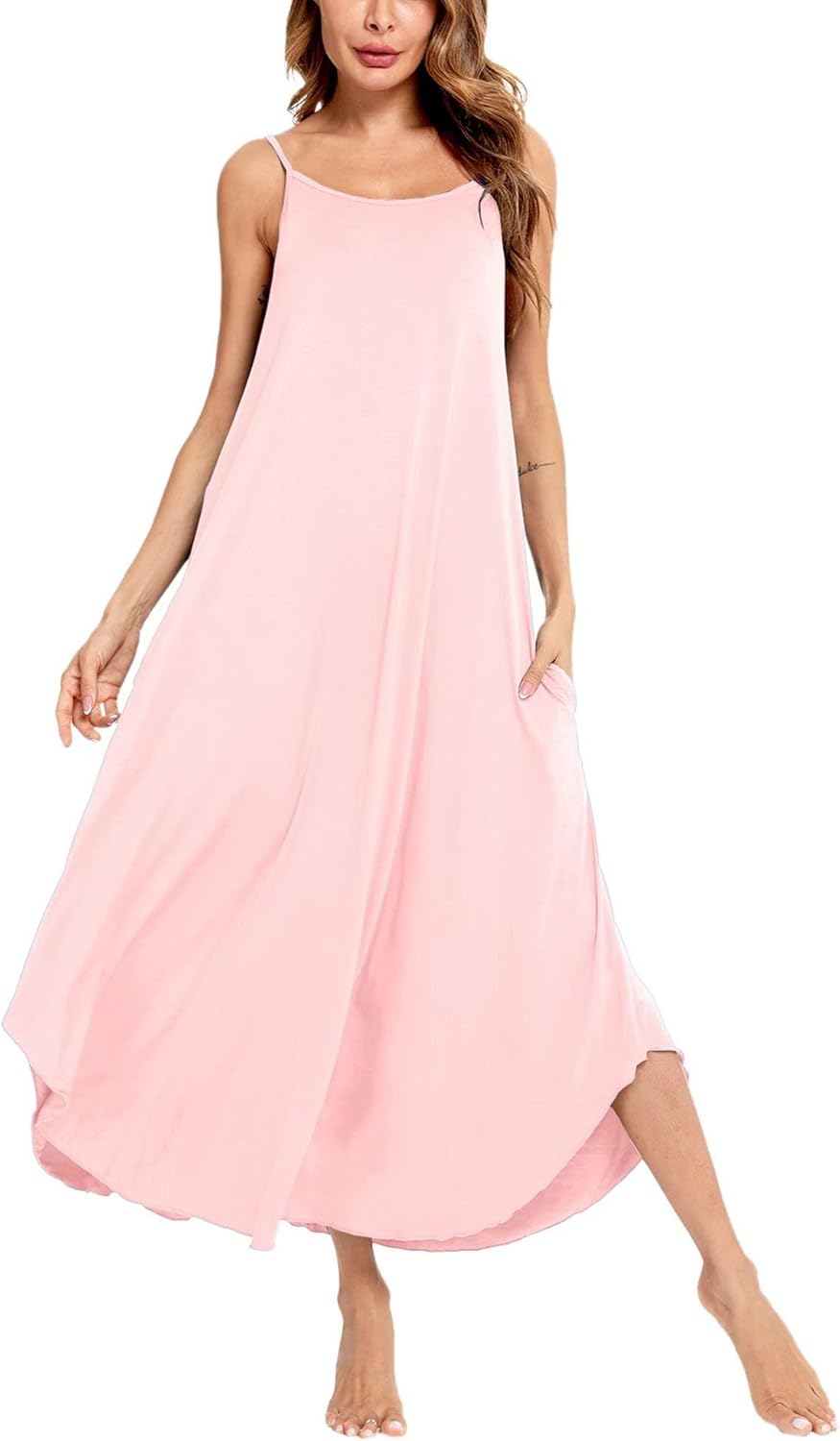 SWOMOG Women Long Nightgown Pajama Dress Soft Strap Nightdress Summer Sleeveless Nightshirt Lounge Dress with Pockets
