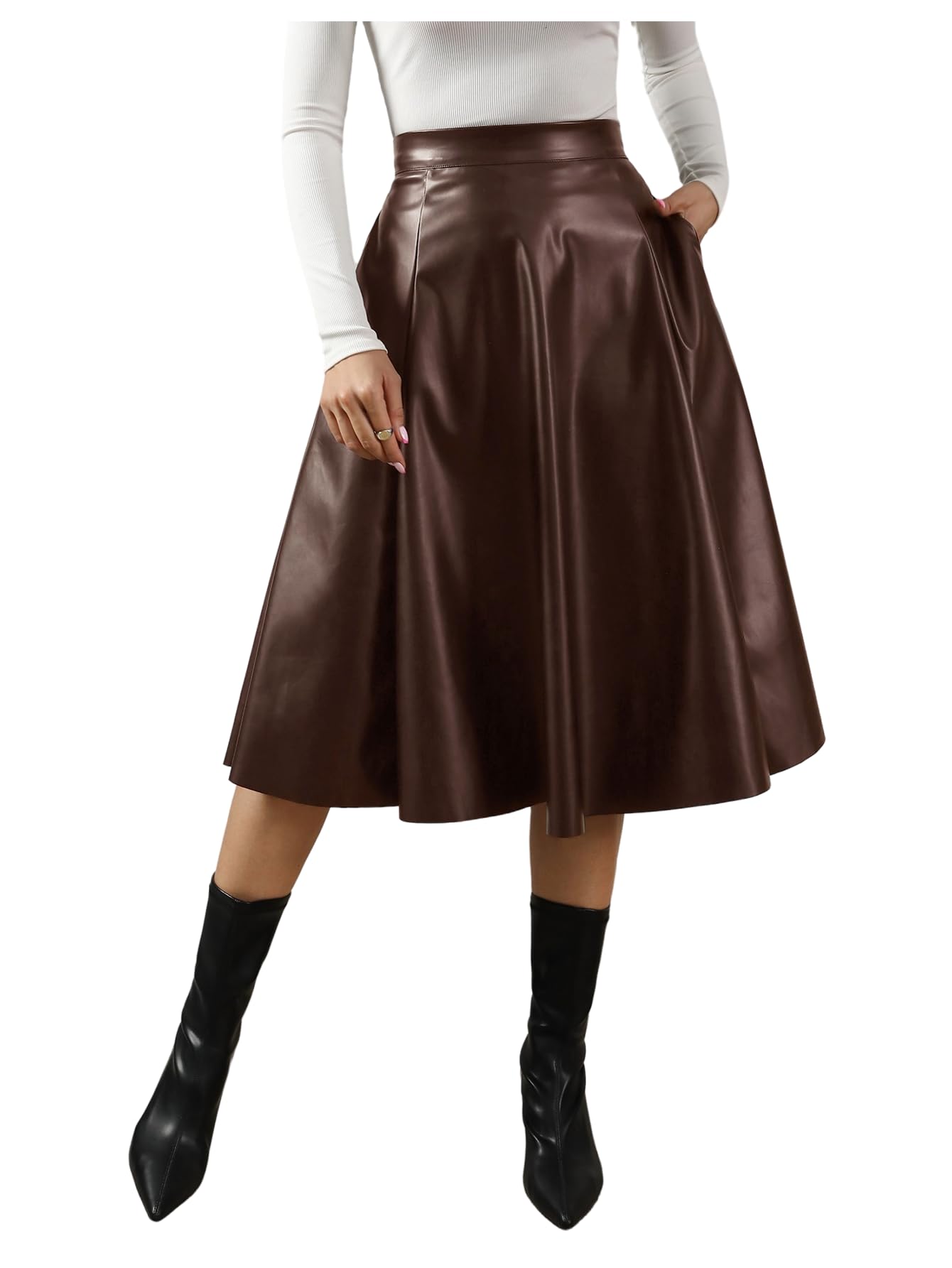 Womens Faux Leather Midi Skirt Elegant High Waisted A Line Flowy Work Skirts with Pockets