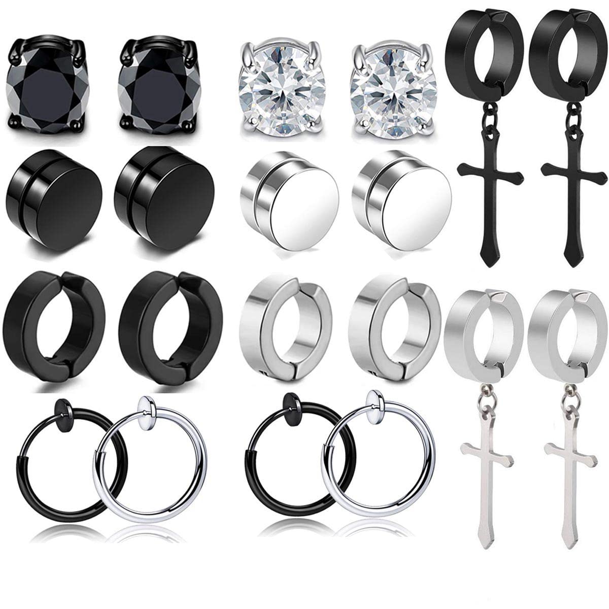 VELESAY 10 Pares Falsos Pendientes Magnéticos de Acero Inoxidable Aros Imán Hombre Pendientes Clip Negro Plumas Pendiente CZ Mujer Pendientes Sin Agujero Pendiente