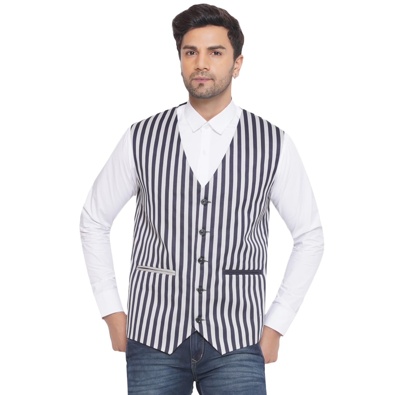 veera paridhaan Cotton Poly Blue Striped Waist Coat for Men (White)-picture-51