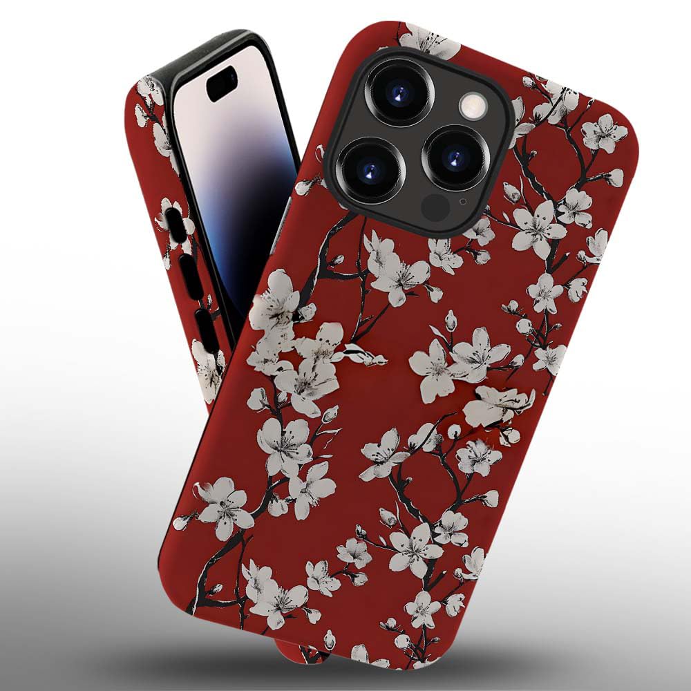 Yuning419Phone Case Compatible with iPhone 14 Pro Max Case,Hybrid 2 Layer PC Hard Shell + Silicone Protective Case, Vintage Red Cherry Blossom Scratch-Resistant Shockproof Cover for iPhone 14 Pro Max