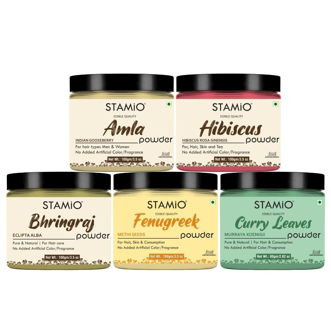 STAMIO Hair Care 5 Products Combo 480 gm - Amla Hibiscus Bhringraj Fenugreek (Methi Dana) Curry Leaves Powder for Mask, Pack, Anti-Dandruff, Shine | Natural Powders Kit | In Jar (100gm X 4 + 80gm)-image-49