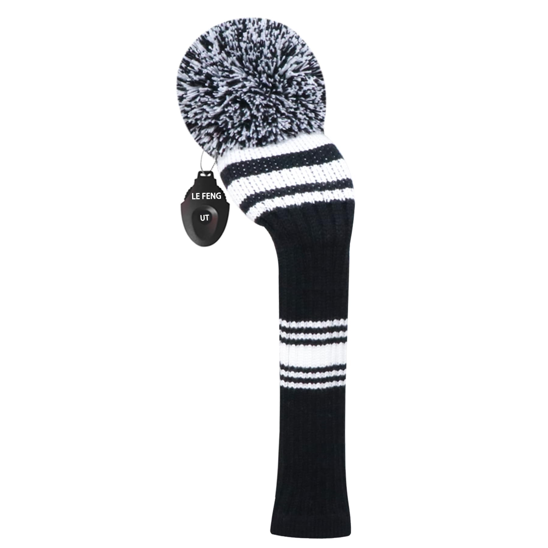LeFeng 1Pcs Golf Club Cover, Knitted Golf Head Cover for 460cc Driver Fairway Woods and Hybrid with Cute Pom Pom and Number Tag(White Black Stripes,for Hybrid)