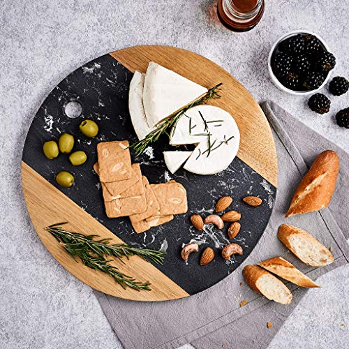 12Inch Marble Cheese Board With Acacia Wood Accent - Charcuterie Board For Two - Round Marble And Wood Cheese Board - Marble Cutting Board #TOP2
