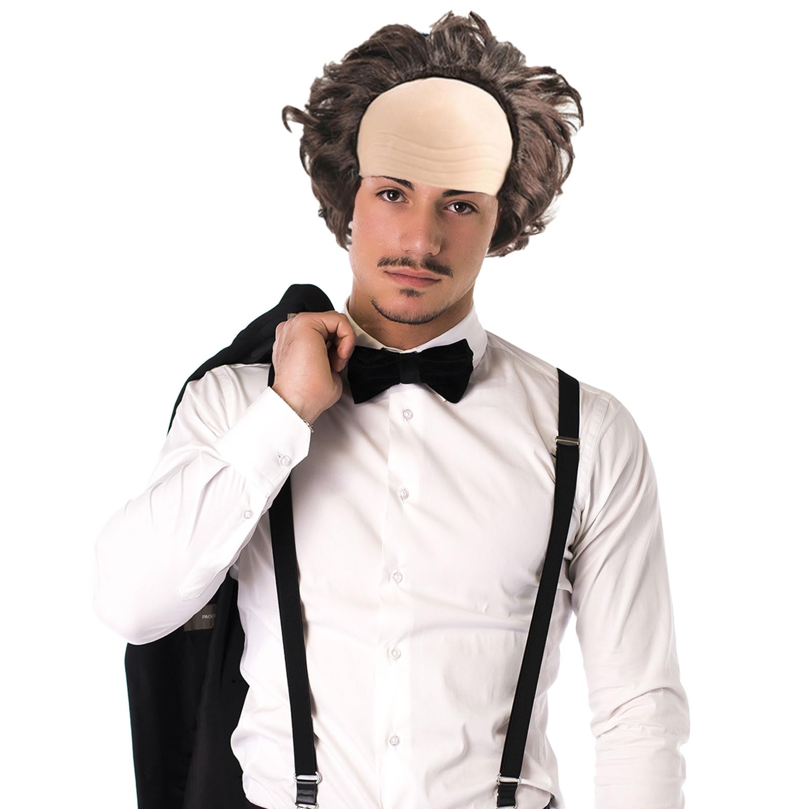 FOUNSHO Monnik Pruik Kort Recht Haar, Mannen Fancy Jurk Pruik, Kom Gesneden Grappige Monnik Kostuum Kale Hoofd Cap Met Bruin Broeder Haar Oude Man Opa Partij Halloween Cosplay (Bruin