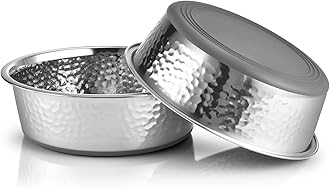 URBUDDIES 2 Pack Hammered Stainless Steel Cat Bowls, Premium Metal Cat Bowls with Non Slip Rubber Bottom, Dishwasher Safe, Easy to Clean, 2 Cup, Gray Bottom