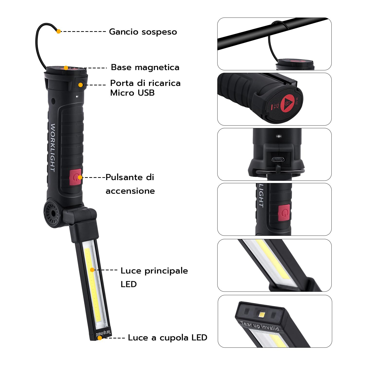 Wigearss 2 Pezzi Torcia Magnetica Ricaricabile USB Lampada da Lavoro Officina Luce LED COB Portatile