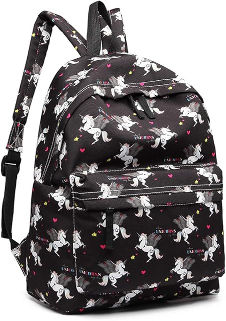 Kono Children's Backpacks Unicorn School Bag Canvas Rucksack for Girls and Boys Fashion Printed Bookbag for Students Teenagers Casual Daypack (Black)