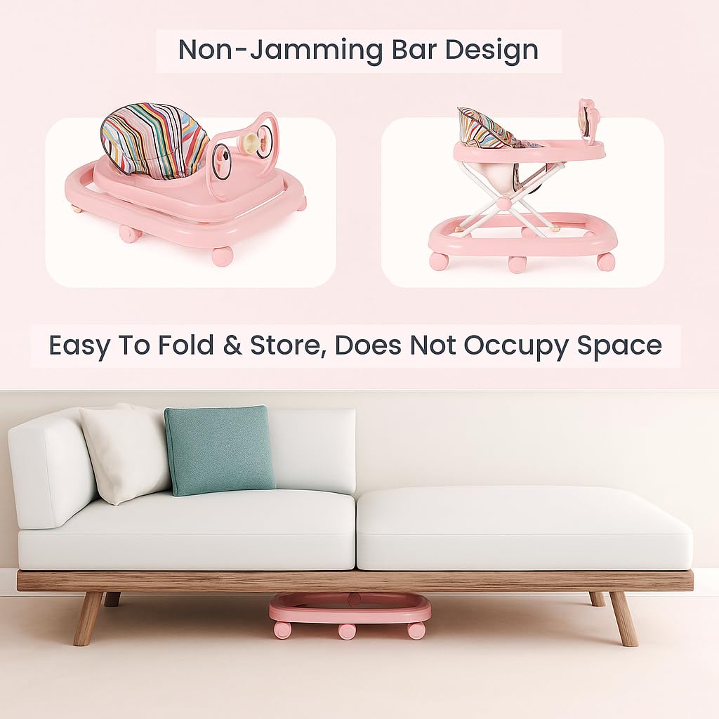 Blushbaby 360° Baby Walker for 6-18 Months | 5-Height Adjustable Activity Walker with Cushioned Seat, Meal Tray & Toy Bar | Foldable & Lightweight Walker for Boys & Girls (Pink) 3