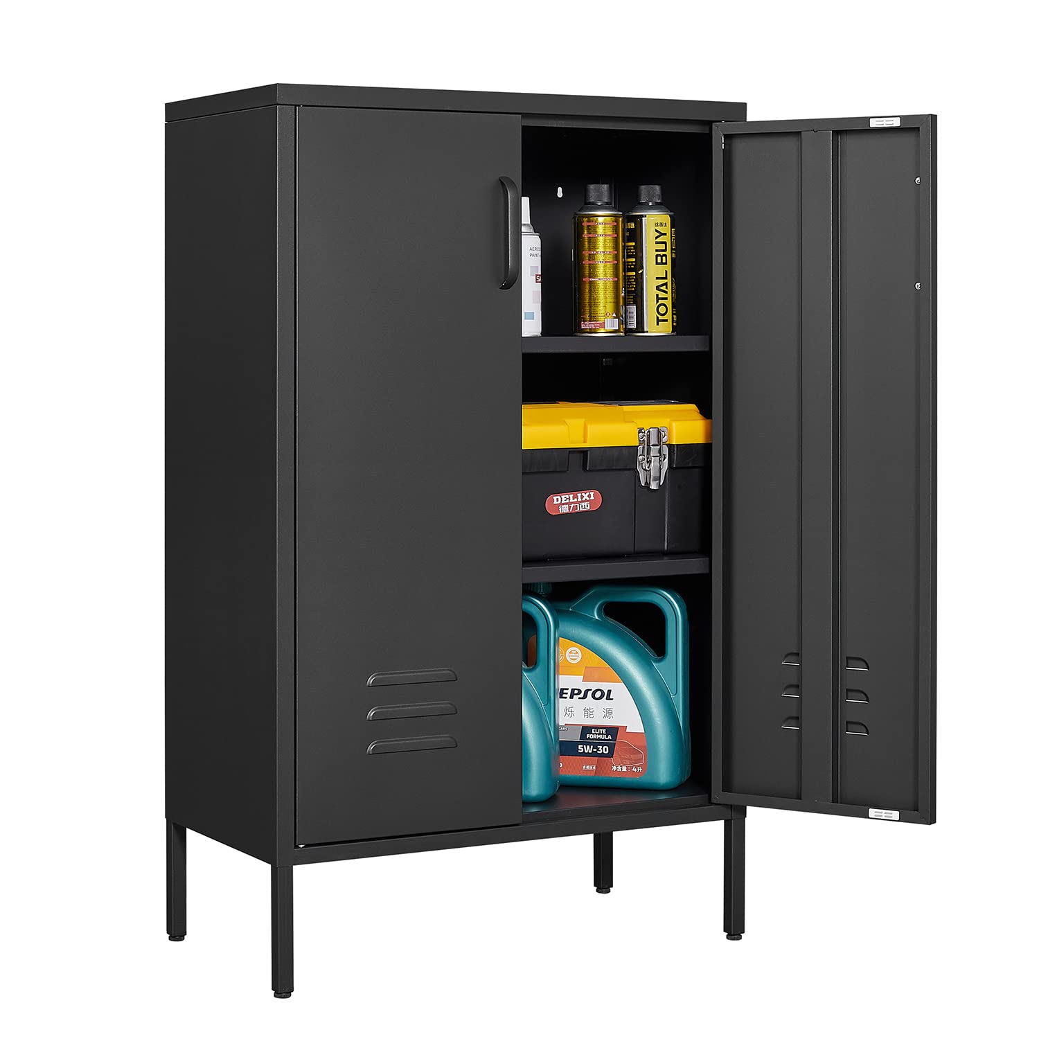 Fulocseny Metal Garage Storage Cabinet, Suitable for Steel Storage Cabinets with 2 Doors and 2 Adjustable Shelves, Tool Cabinets for Office, Home, Garage, Gym, School (Black)