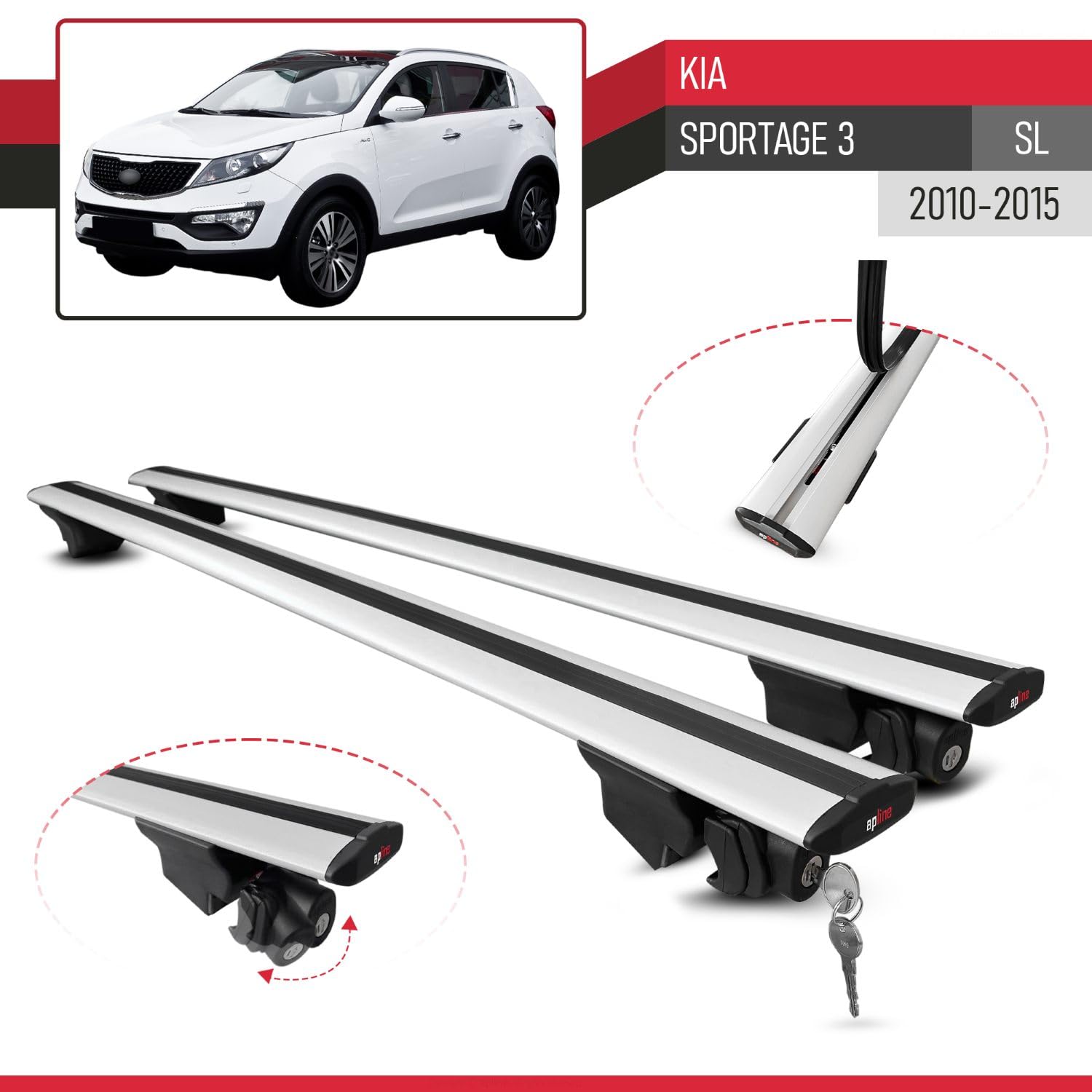 Compatible con Kia Sportage 3 (SL) 2010-2015 Hook Model Barras de Techo Auto Portaequipajes Barras Transversales Gris Aluminio 2 Barras
