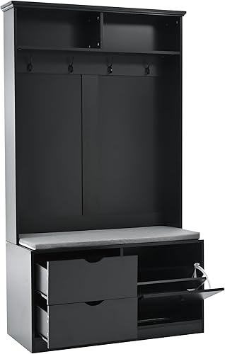 Miniatura 4 de VilroCaz Árbol de pasillo versátil 5 en 1 con 4 ganchos resistentes y cojín, perchero de madera de 40.6 pulgadas de ancho, armario de zapatos con 2