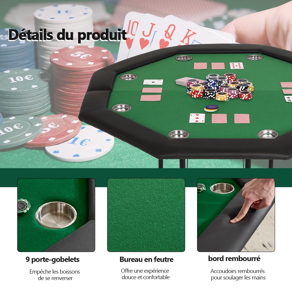 Mingone Pokertisch Klappbar 120cm Casino Tisch für 8 Spieler mit Armauflage und Becherhaltern Grün