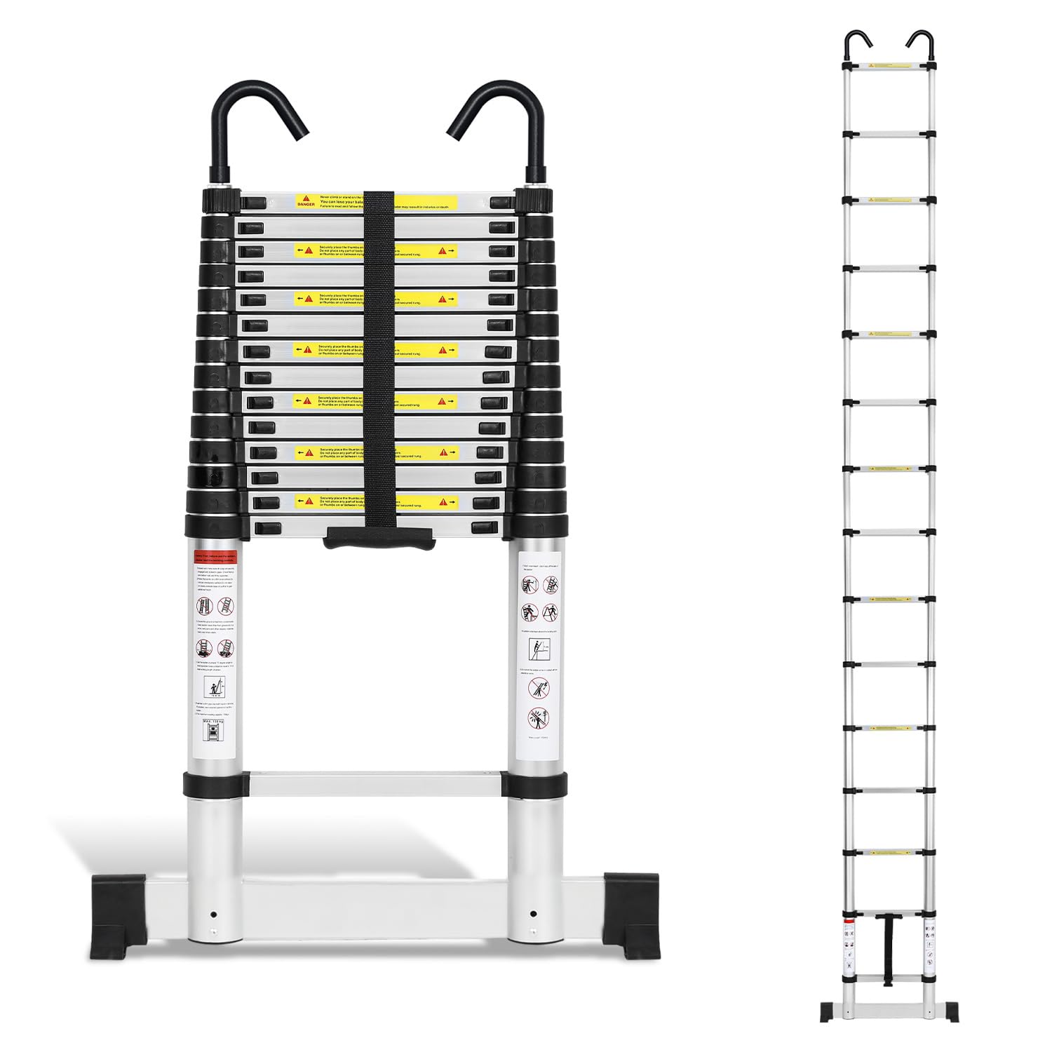 4.4 m Aluminium Telescopic Ladder Extendable Ladder with Stabilizer and Removable Hook - Aluminium Ladder Non-Slip Ladder Multipurpose Ladder Load Capacity 150kg