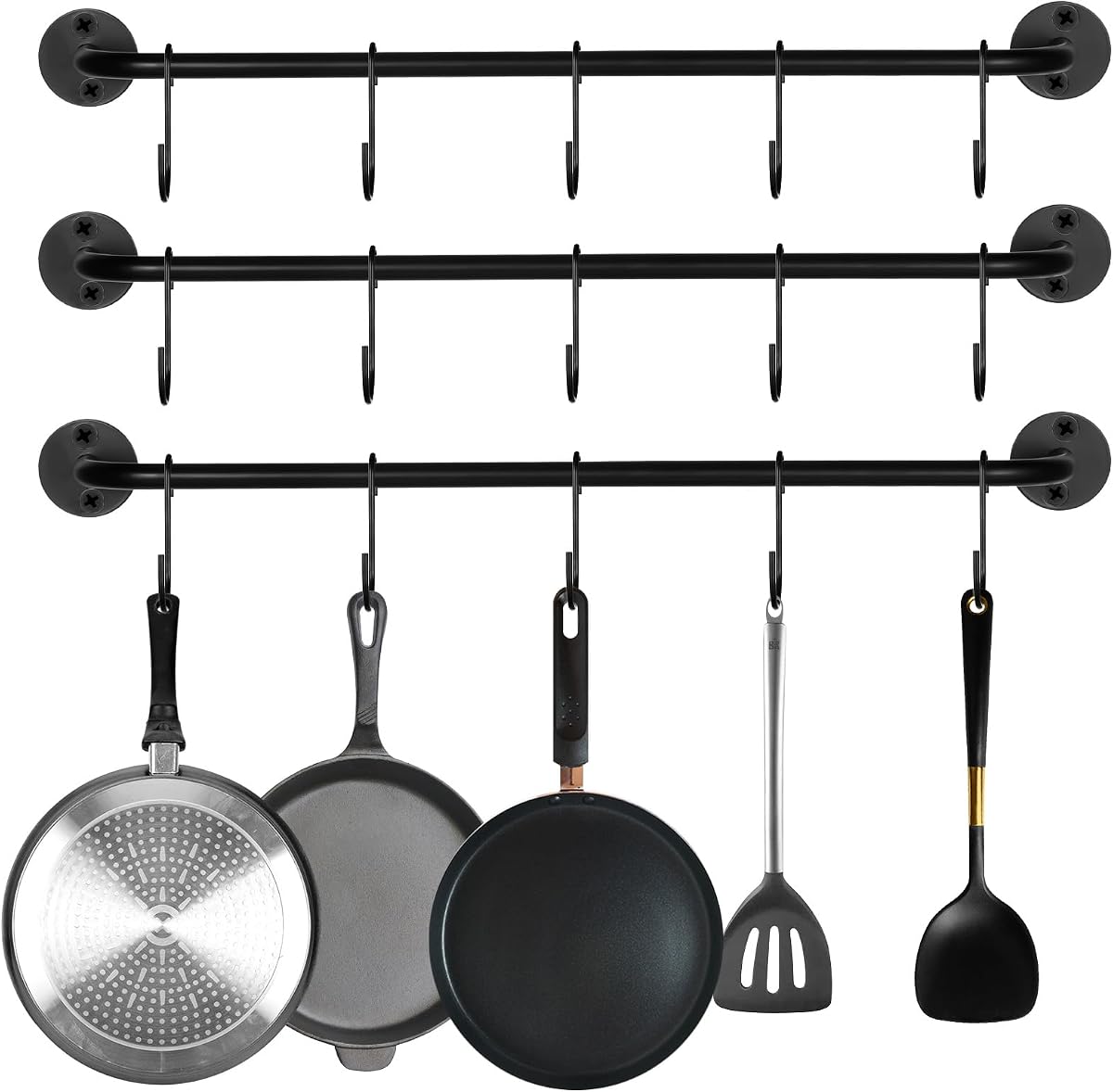 3 piezas de estante para ollas montado en la pared, organizador de utensilios de cocina de acero negro, colgador de pared para utensilios industriales, tubo de hierro, barra para colgar en la cocina con 15 ganchos en S