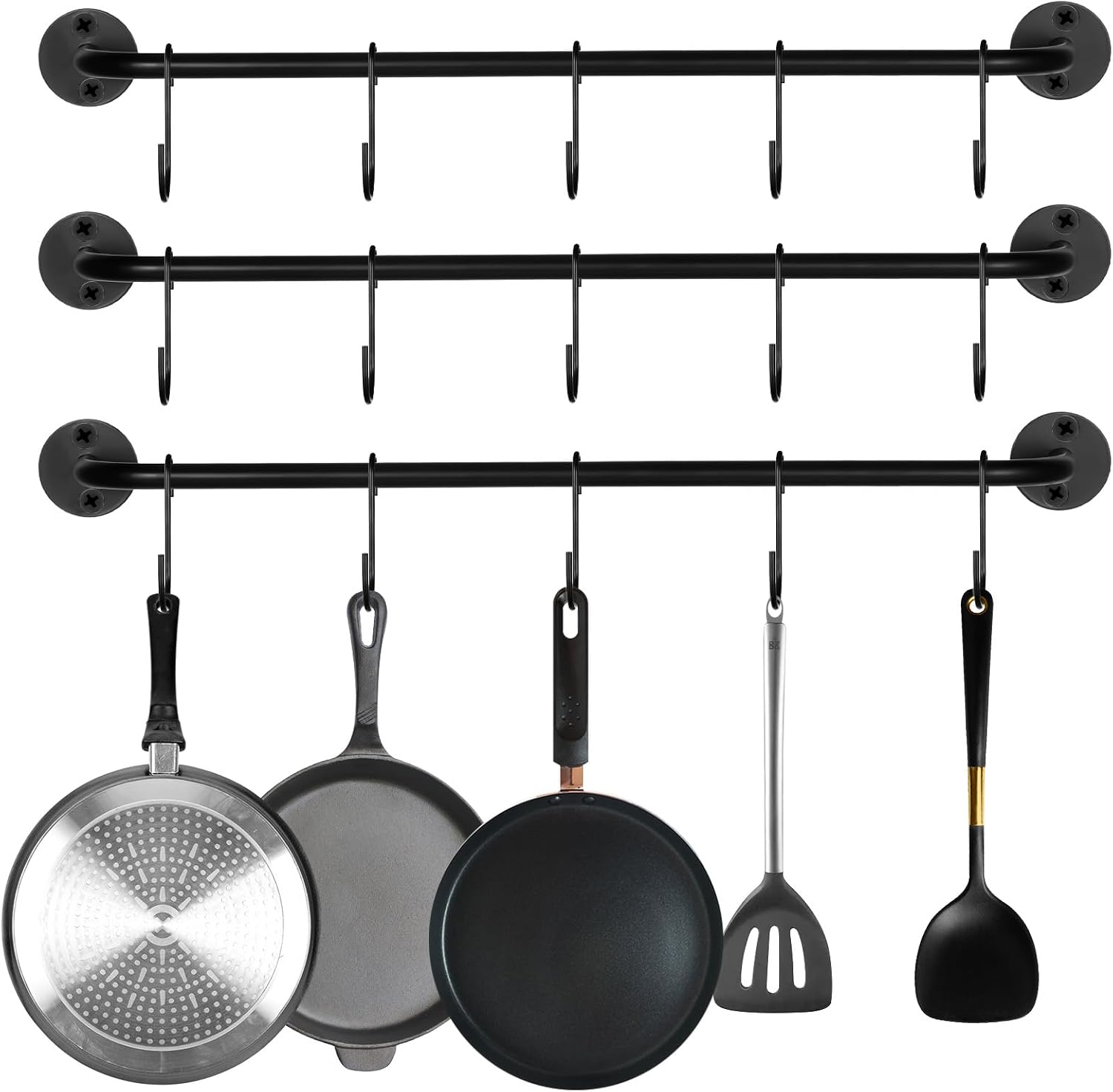 3 Pcs Wall Mounted Pot Pan Rack, Black Steel-Made Kitchen Utensil Rack Organizer, Industrial Utensils Wall Hanger Iron Pipe Kitchen Hanging Rail with 15 S Hooks