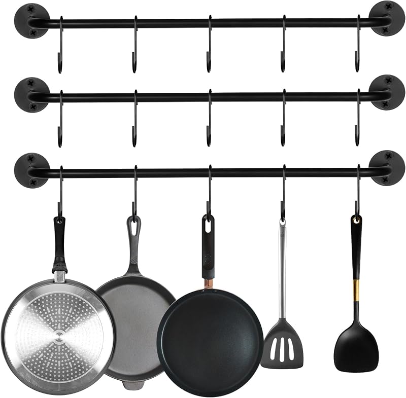 3 piezas de estante para ollas montado en la pared, organizador de utensilios de cocina de acero negro, colgador de pared para utensilios industriales, tubo de hierro, barra para colgar en la cocina con 15 ganchos en S