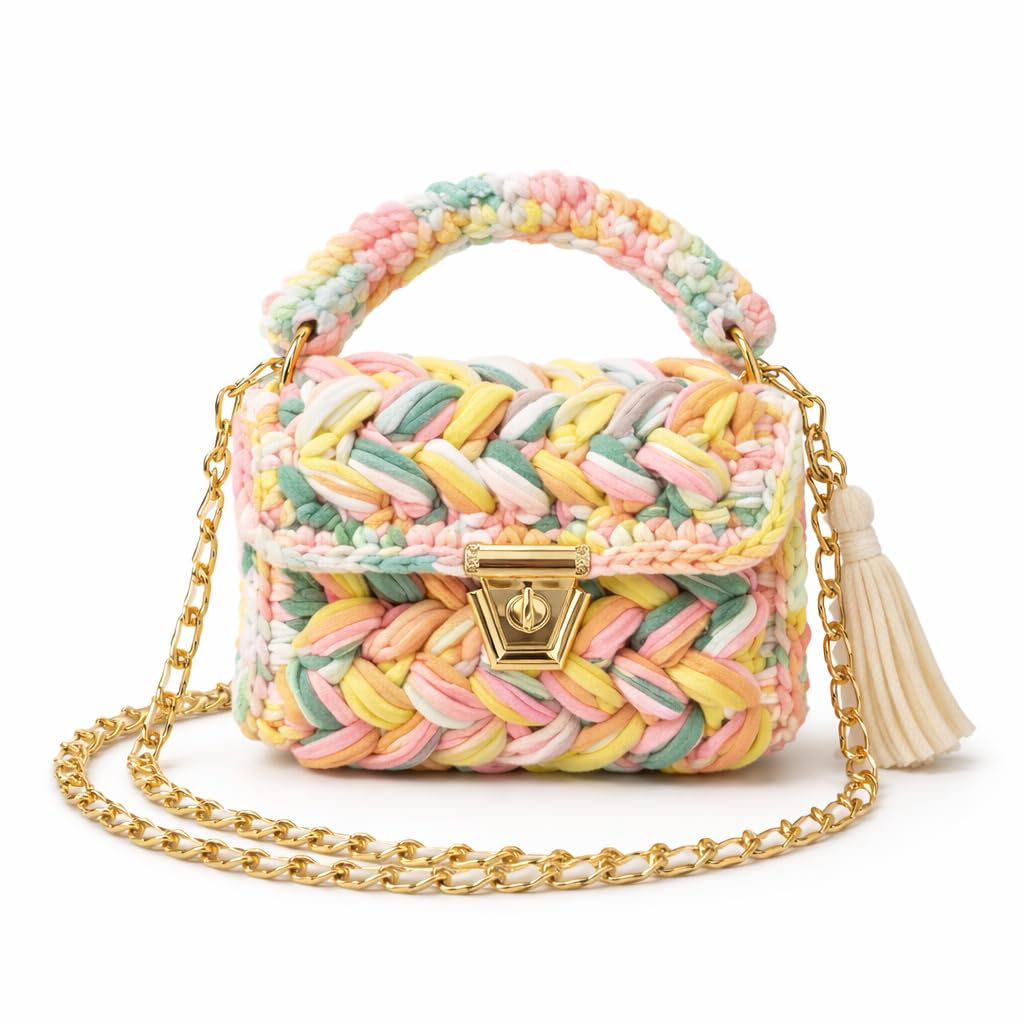 Luxury Crochet Knit Handbag for Women bag – T-Shirt Yarn Crochet Bag, Handmade Multicolor Cotton Shoulder Bag with Chain Strap & Designer Lock (Pastel Multicolor)-image-41