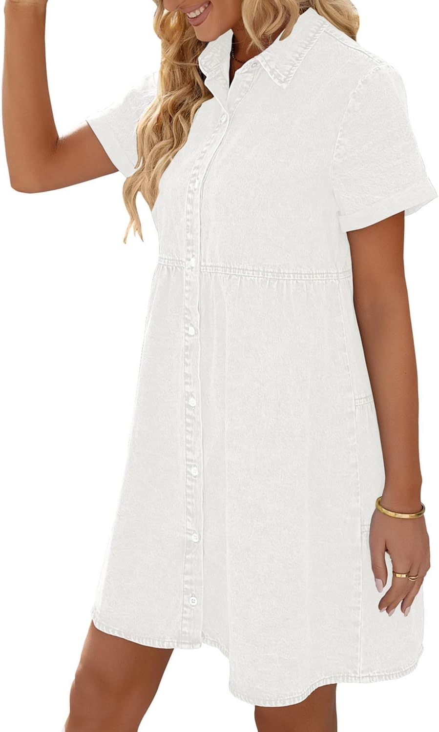 LookbookStore Women's Short Sleeve Button Down Flowy Tiered Babydoll Denim Dress - Image 4