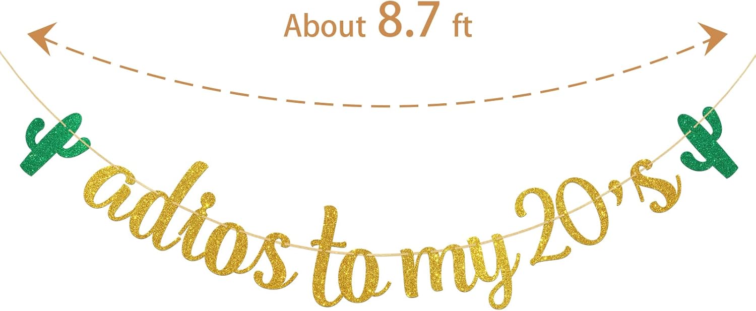 Adios to My 20's Banner Mexican Gold Glitter 29th 30th Birthday Party Decoration for Women Men Mexican Fiesta Themed Birthday Party Supplies